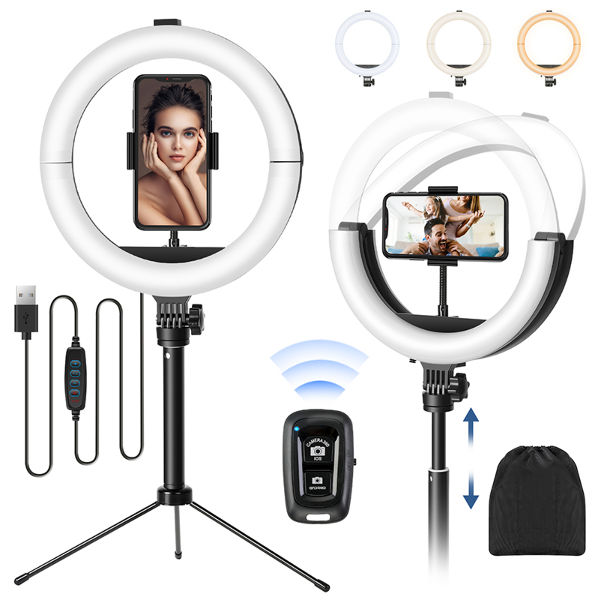 Anneau lumineux selfie 10 , anneaux lumineux RVB avec trépied et support  de téléphone portable pour diffusion en direct, maquillage, ,  TikTok, photographie, enregistrement vidéo Compatible avec iPhone et  téléphone Android