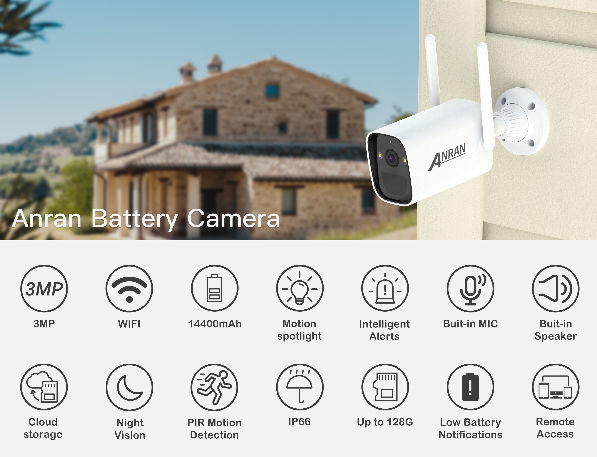 ANRAN Caméra de Surveillance 2K HD 3MP Batterie Solaire Extérieur