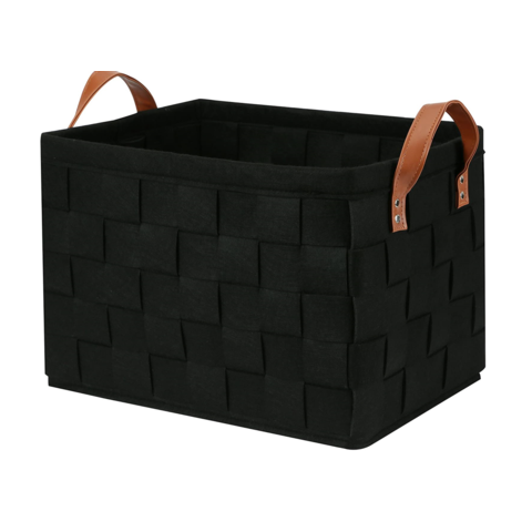 Fabric Storage Basket With Pu Leather Handles, Folding Storage Bin