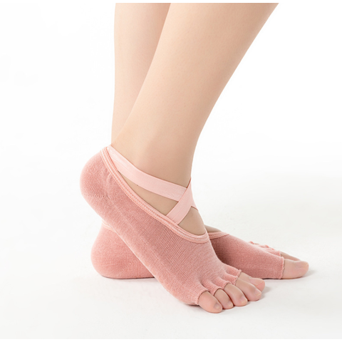 5 Pairs Ladies Open Toe Cross Strap Backless Cotton Five Finger Socks  Dispensing Non-slip Yoga Socks
