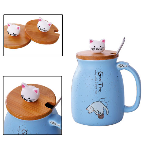 600ml Cute Cat Ceramics Coffee Mug With Lid Large Capacity Animal