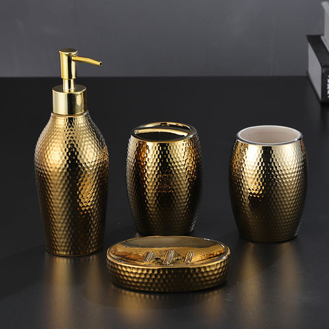 Juego de accesorios de baño marrón dorado, decoración de baño de 6 piezas  para tocador, encimera y temporada, dispensador de loción de jabón, soporte