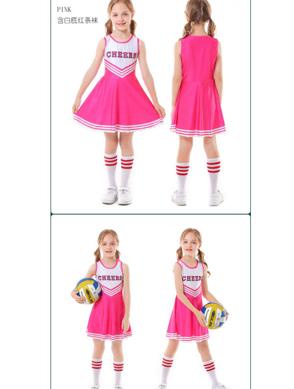 Kids Girls Cheerleading Costume Outfit One Piece School Cheerleader Uniform  Dress with Stockings 2 Pom Poms 