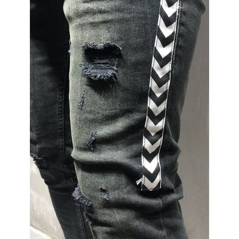 Mens Ripped Jeans With White Stripe Hot Sale Men's Street Hip-hop