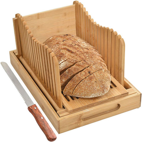 Cortador de pan de bambú para pan casero, ancho de rebanado plegable  ajustable con tabla de cortar de bambú resistente, cortar bagels o incluso