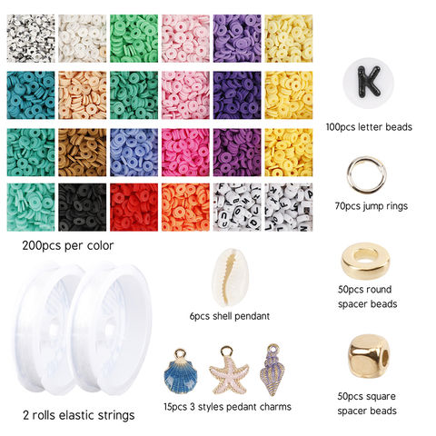 4000pcs Clay Beads for Jewelry Bracelet Making Kit 6mm 24 Colors Flat  Polymer Heishi Beads DIY Craft Kit with Smiley Face Letter Bead Jump Rings  Elastic String Cord Pendant Charms