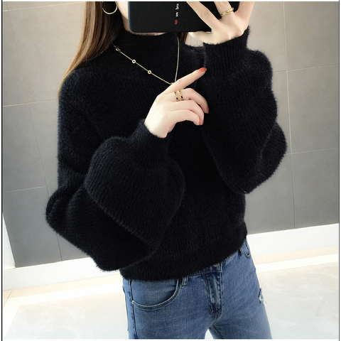 Zodggu High Collar Cowl Neck Short Sweaters for Women Loose Casual Womens  Autumn Winter Fashion Solid Color Long Sleeve Lantern Sleeve Fashion Ladies  Sweaters Tops Female Leisure Black XL 