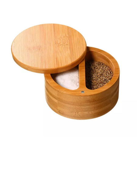 Redondo 9 x 9 x 7 CM 1 Piezas Caja de Almacenamiento de Madera de Bambú y Especias Tarro de Condimento con Contenedor de Tapa Giratori de Té de Madera,de Sal de Bambú Natural para Cocina y Hogar 