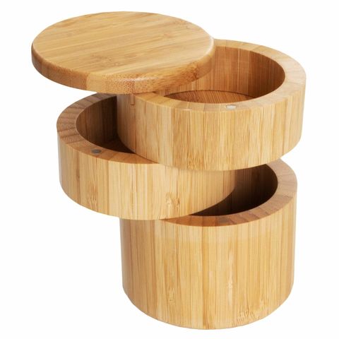 Caixa de Sal Tripla de Bambu, Porta-Tempero de Três Níveis, Recipiente de Armazenamento de Bambu com Tampas Giratórias Magnéticas