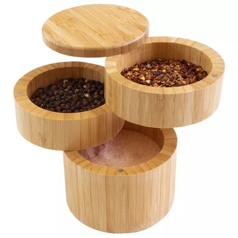 Caixa de Sal Tripla de Bambu, Porta-Tempero de Três Níveis, Recipiente de Armazenamento de Bambu com Tampas Giratórias Magnéticas