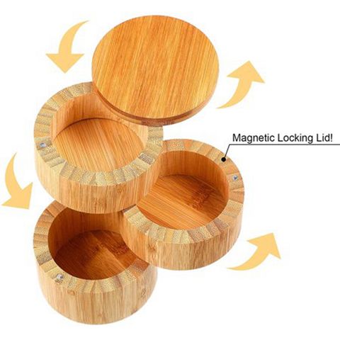 Caixa de Sal Tripla de Bambu, Porta-Tempero de Três Níveis, Recipiente de Armazenamento de Bambu com Tampas Giratórias Magnéticas
