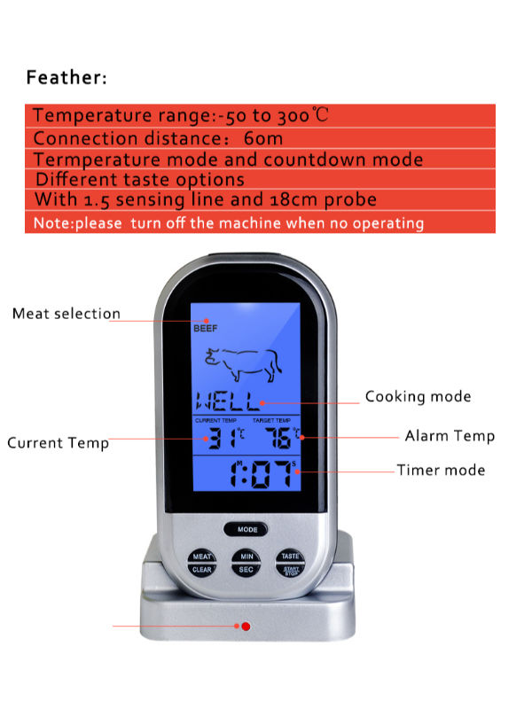 BFOUR Meat Thermometer Wireless Remote BBQ Thermometer with Timer, Instant  Read Food Meat Thermometer, LCD Display