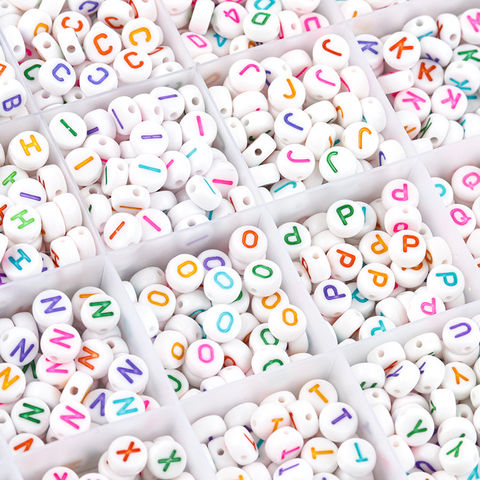 Plastic beads with letters - round D 6mm 40g white