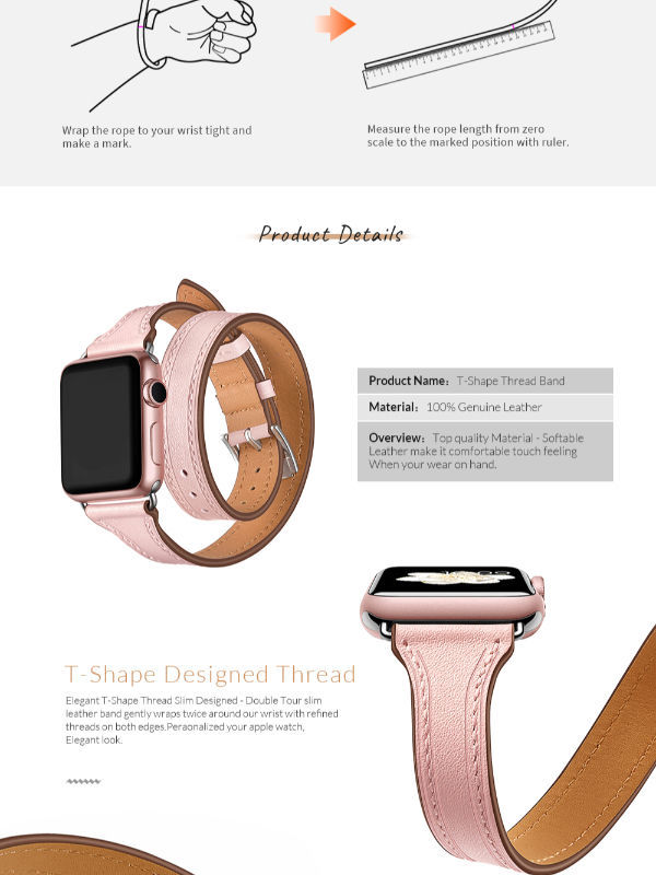 China Double Tour Slim Thread Design Leather Band For IWatch 40mm 38mm