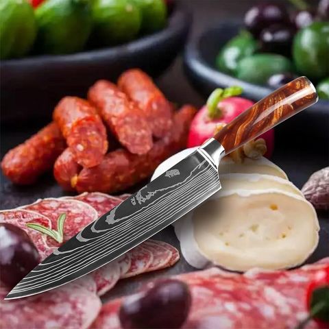 Colored Wooden Handle Meat Slicing Chef's Knife Laser Grain