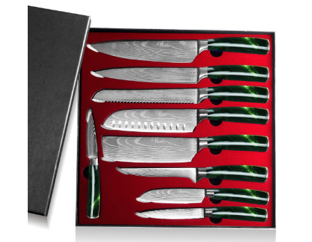 9 Pcs Chef Knife Set Damascus Steel Red Resin Handle Cleaver Nakiri Kitchen  Tool