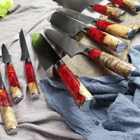 9 Pcs Chef Knife Set Damascus Steel Red Resin Handle Cleaver