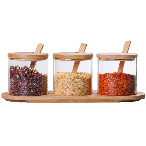 Spice Jars Kitchen Condiment Storage with Wooden Spoon Bamboo Lid