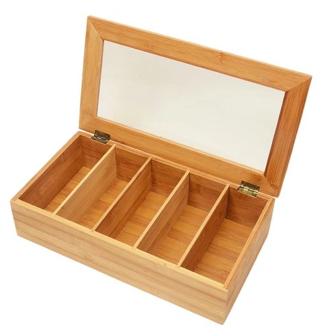 Wood Tea Bag 5-Compartment Organizer Box with Clear Lid, Tea Storage Box