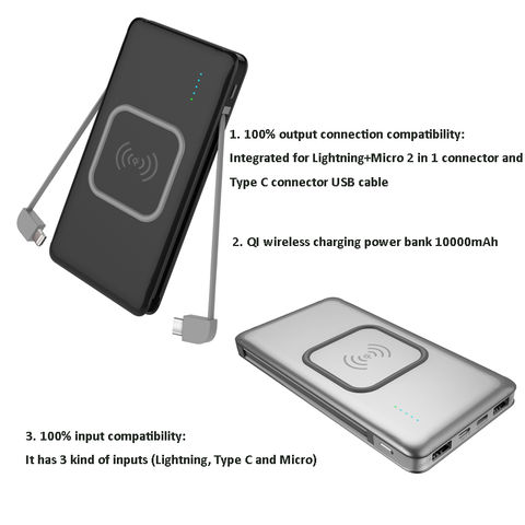 10000 mAh Power Bank with Wireless Charging and Integrated Cables –