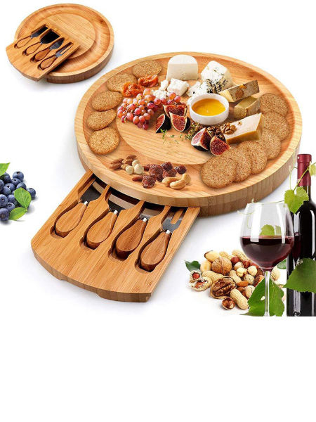 China Bamboo Cheese Board With Knife, Round Cheese Board With Knives
