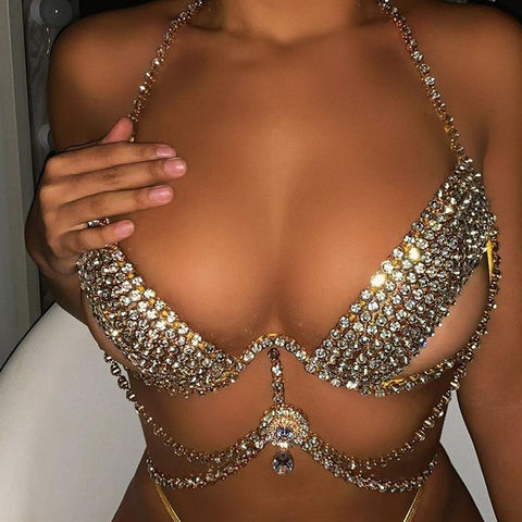 Women mesh Rhinestone Crystal chest tassel bra jewelry body chain