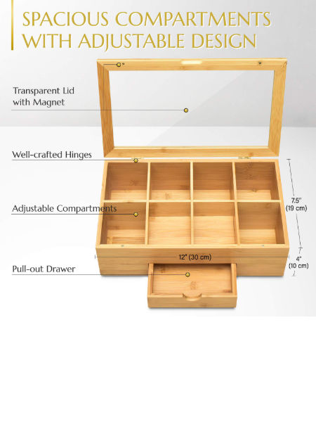 REFURBISHHOUSE Tea Box Natural Chest with Clear Hinged Lid 8 Storage Sections with Expandable Drawer