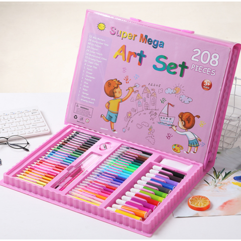 208Pcs Kids Drawing Kit, Integrated Easel, Cartoon Design, Multi Purpose  Colored Crayons, Perfect Gift For Coloring Painting 