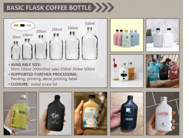 Square flat 200ml glass coffee drinks bottle with metal caps - Glass bottle  manufacturer in China, custom glass bottles