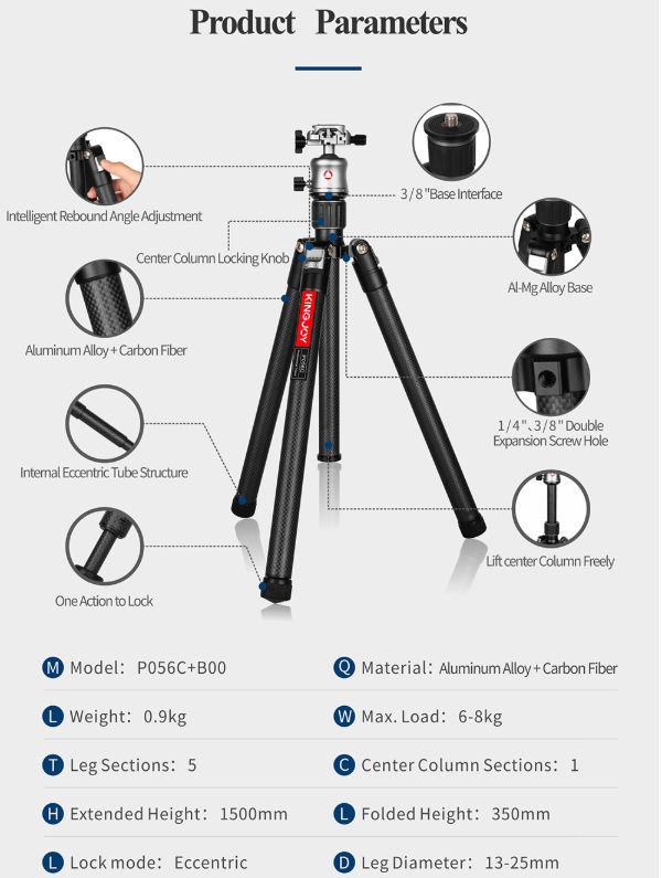 China Brand Labe Lightweight Compact Carbon Fiber Tripod with 360