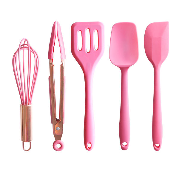 5Pcs Pink Silicone Utensils with Wooden Handles Wholesale
