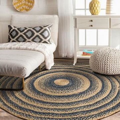 White and beige round floor carpet, premium braided jute mat