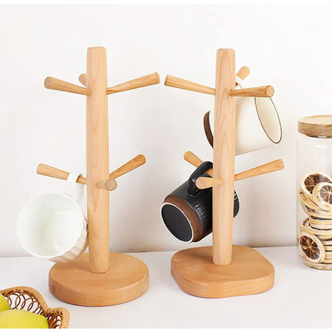 Coffee Mug Tree with 6 Hooks, Wood Mug Stand