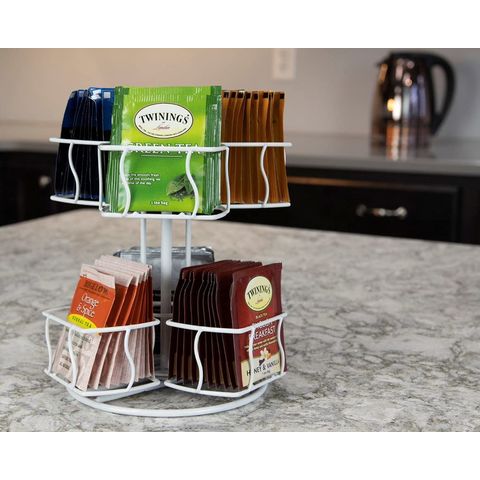 Made Easy Kit Metal Carousel Tea Bag Organizer and Kettle Stand - Modern Storage Solution for Tea Bags - Ideal for Home, Office, Kitchen (White)