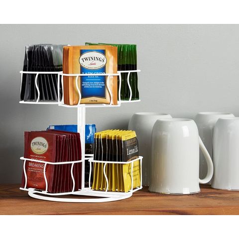 Made Easy Kit Metal Carousel Tea Bag Organizer and Kettle Stand - Modern Storage Solution for Tea Bags - Ideal for Home, Office, Kitchen (White)