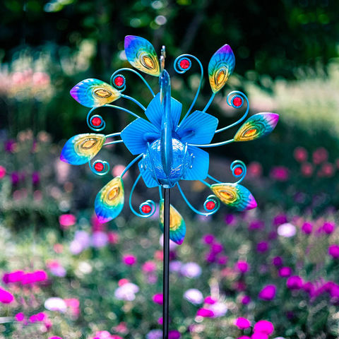 360°Peacock Sola Wind Spinne With Lights Blue Metal Gaden