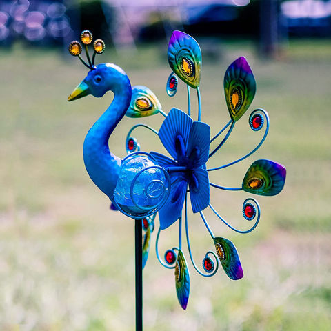 360°Peacock Sola Wind Spinne With Lights Blue Metal Gaden