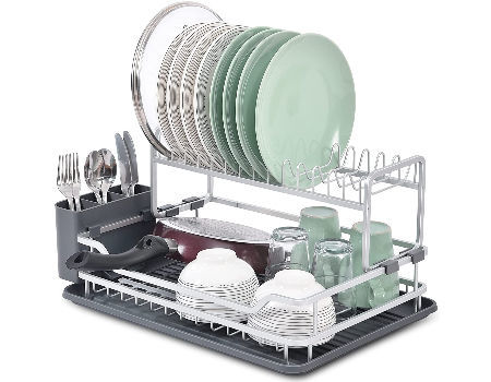 Over Sink Dish Drying Rack, Expandable Snap-on Design 2 Tier Large Dish Rack,  Retractable Multifunctional Knife Cup Holder Pot Lid Serving Board Rack,  Stainless Steel Counter Organization And Storage, Kitchen Accessories 