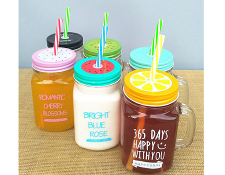 Mason Jar Drinking Glass Colorful lids with Straw Hole Lids