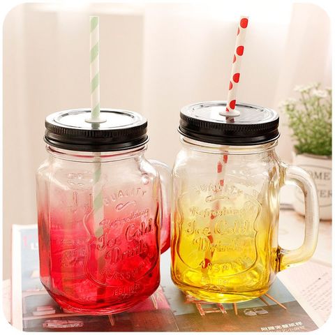 500ml 700ml Wide Mouth Glass Mason Jar with Handles Straws and