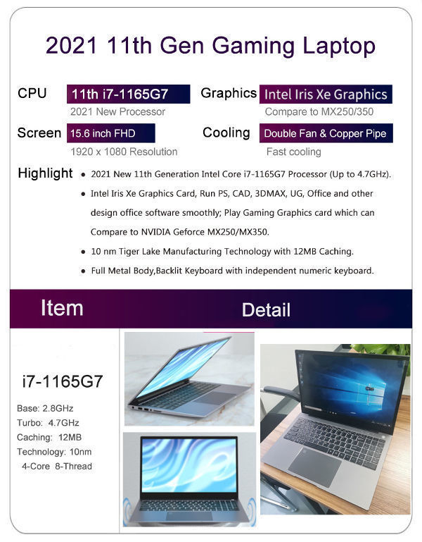 Computer notebook Laptops i7 1165G7 4.7Ghz Aluminum case backlit keyboard ddr4 16gb ssd 1tb supplier