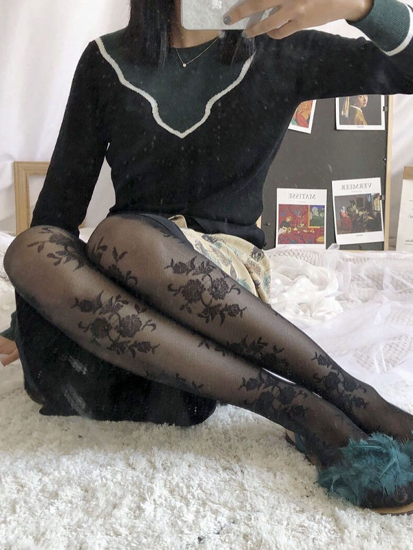 Women's Black Lolita Stockings Oval Floral Sheer Net Lace Tights Full Pantyhose 