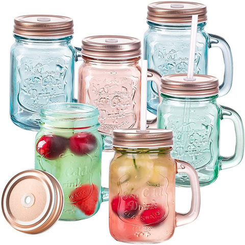 Buy Wholesale China Regular Mouth Mason Jar Cups With Handle 12 Oz Metai &  Plastic Straws Retro Drinking Glass & Mason Jar at USD 0.52