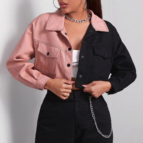 Street Long Sleeve Button Up Frayed Crop Denim Jacket - Pink