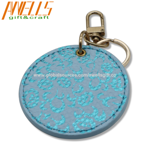Double Metal Hook Blue Leather Keychain, Logo Printing