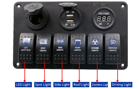 12V Car Boat LED Rocker Switch Panel 6 Gang Circuit Breaker Plate & USB Charger