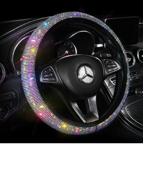 beige leather+White diamond Full Sparkly Rhinestone car Steering Wheel Cover Universal Leather Steering Wheel Cover Auto Car Styling Interior Decor Accessories 