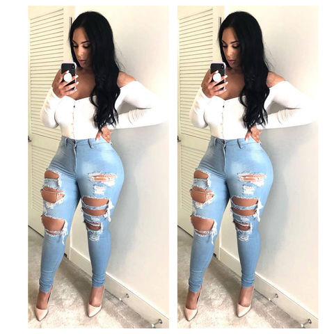 Buy Wholesale China 2021 Hot Selling High Quality Women's High-waisted, Slim Blue Denim Ripped Jeans & Jeans at USD | Global Sources