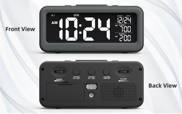 Radio-réveil avec deux alarmes, réveil numérique avec 2 ports de charge  USB, 0-100% dimmable, régler