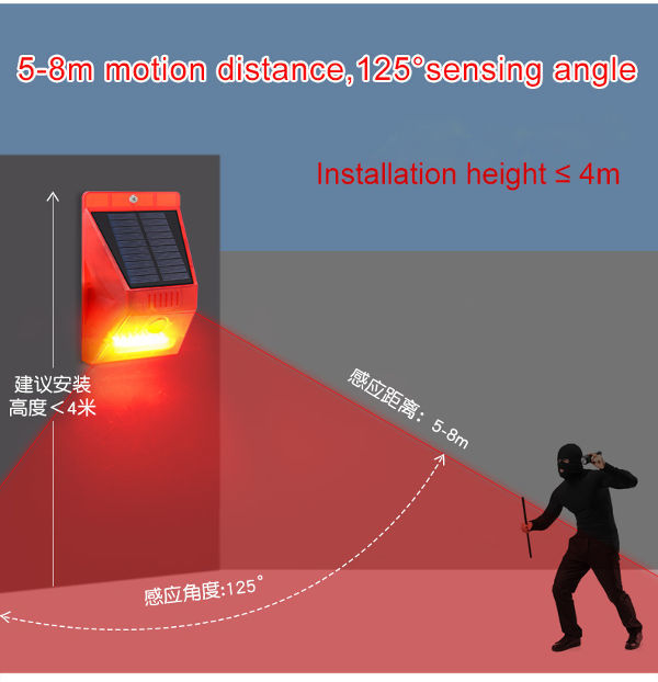 Luz de alarma solar con sensor de movimiento, sonido de ladridos y disparos  de 129 db, alarma de detección de movimiento impermeable IP55 para el